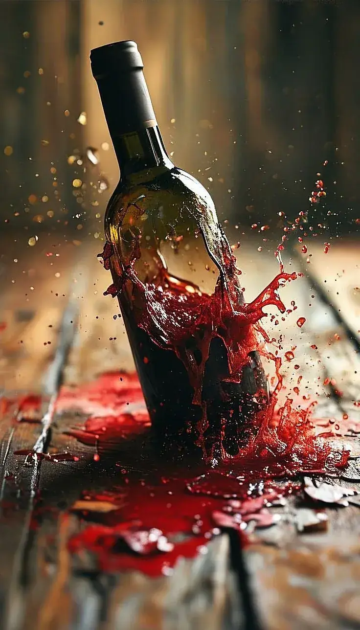Red wine bursting from a bottle onto a wooden floor