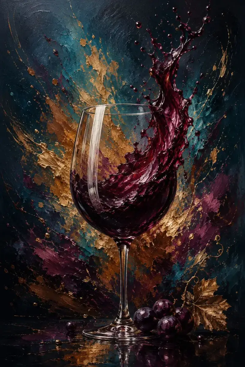 Painted study of red wine swirling out of a glass