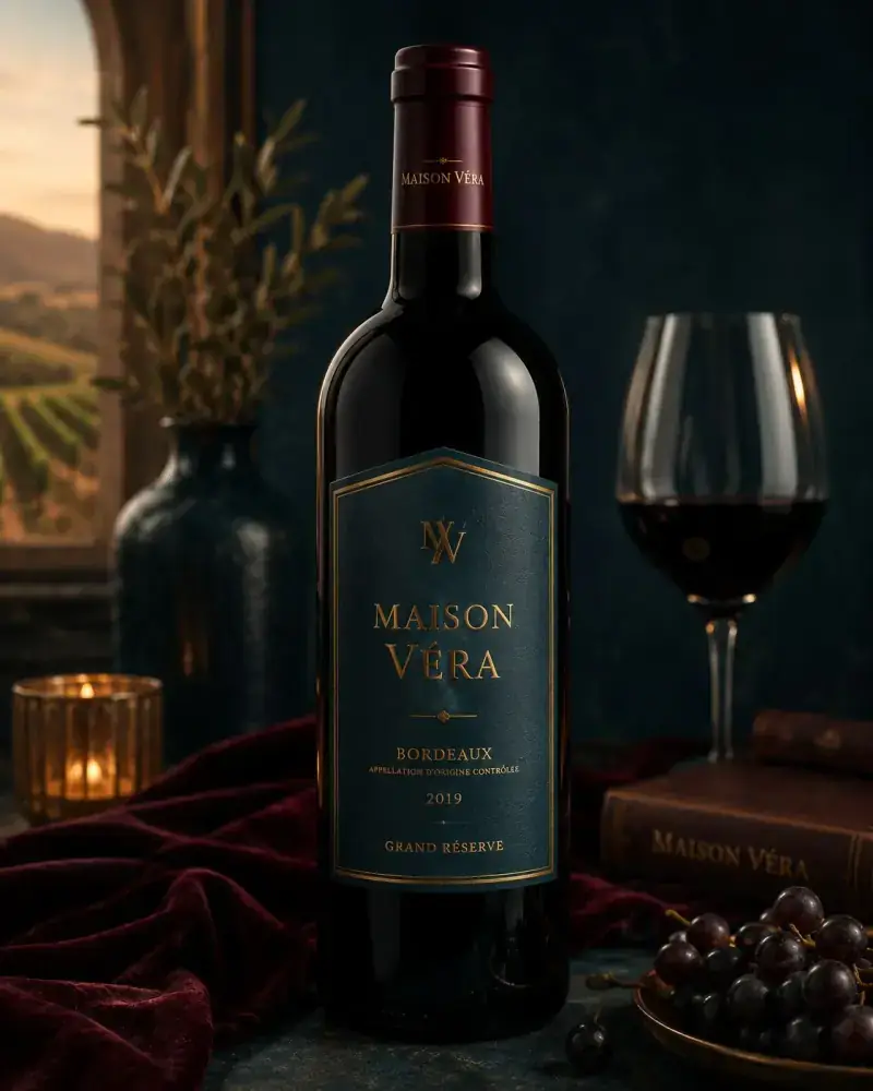 A dark bottle of Bordeaux beside a filled glass and candlelight