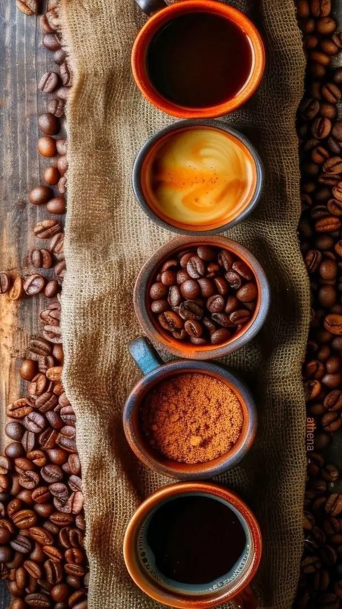 Fünf Tassen in einer Reihe auf Jute: Filterkaffee, Crema, ganze Bohnen, gemahlener Kaffee und Espresso